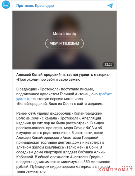 Алексей Копайгородский пытается удалить материал &laquo;Протокола&raquo; про себя и свою семью