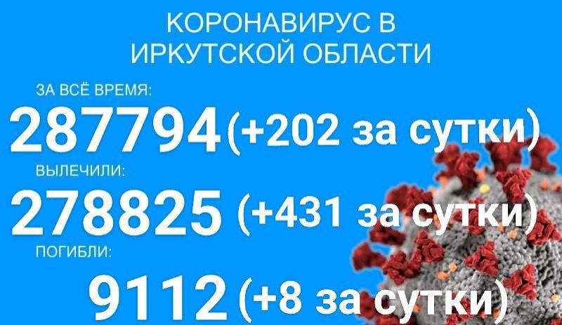 COVID-19 в Прибайкалье: 202 заболело, 431 выздоровел, 8 умерло