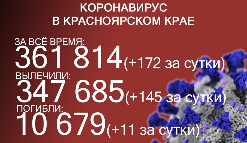 Ковид в Красноярском крае: ещё 172 заболевших и 11 летальных случаев